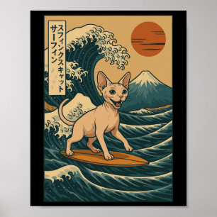 Poster Gato Sphynx Surfando Onda Japonesa Grande Onda Kaw