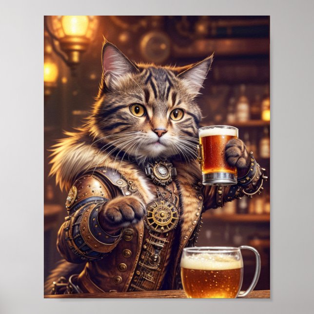 Poster Gato steampunk bebendo cerveja em um pub -  (Frente)
