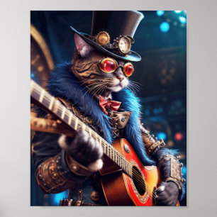 Poster Gato steampunk com cartola e óculos, guitarrista