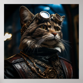 Poster Gato Steampunk em Retro Uniforme