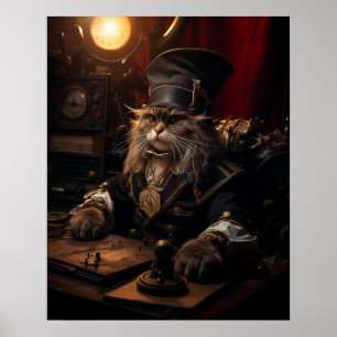 Poster Gato Steampunk em Retro Uniforme