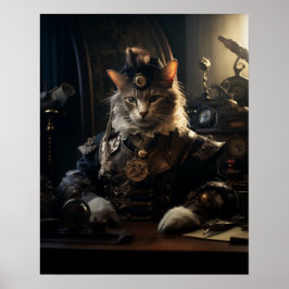 Poster Gato Steampunk em Retro Uniforme