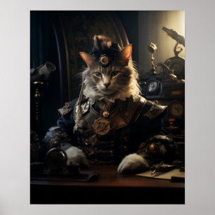 Poster Gato Steampunk em Retro Uniforme