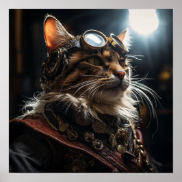 Poster Gato Steampunk em Retro Uniforme