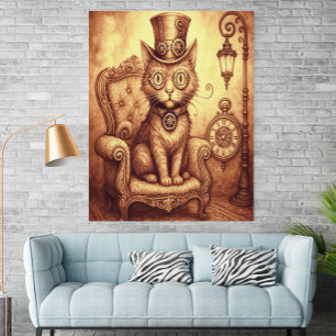 Poster Gato Steampunk Ilustração Vitoriana Fantasia Vinta