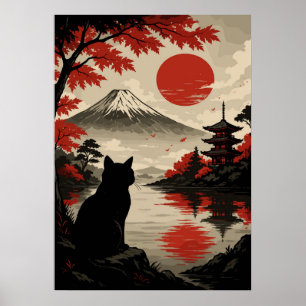 Poster Gato Sunset Japonês com Monte Fuji e Pagoda