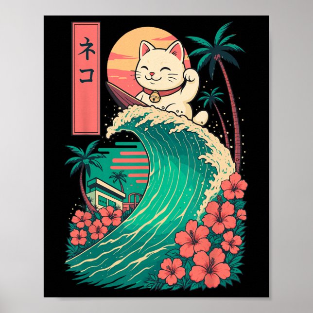 Poster Gato Surfando Japonês _1 (Frente)