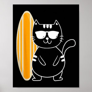 Poster Gato Surfista - Prancha de Surf na Praia Ondas do