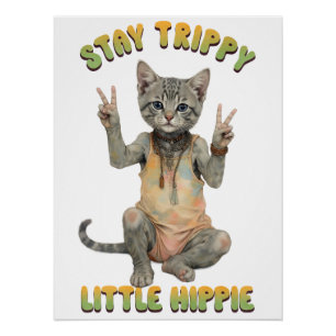 Pôster Gato Tabby Cinza Boho Fique Tripudo Pequeno Hippie