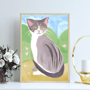 Poster Gato Tabby Cinza Pintura em Aquarela