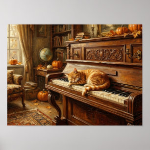 Poster Gato Tabby Laranja Dormindo no Pintura de Piano