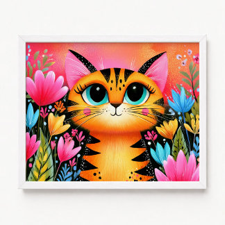 Poster Gato Tabby Rosa e Laranja de Olhos Azuis Floral