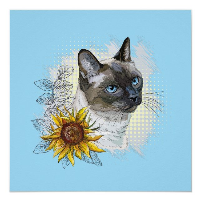Pôster Gato tailandês engraçado desenhando mão com flores (Frente)