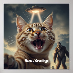 Poster Gato Tirando Selfie com OVNI e Pé Grande Presente