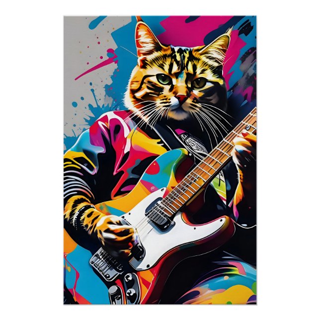 Pôster Gato toca guitarra, grafite de rock (Frente)