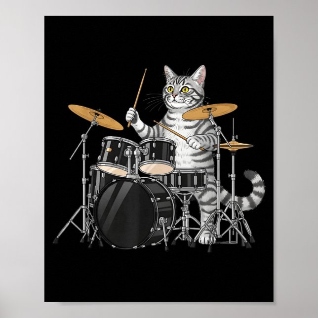 Poster Gato Tocando Bateria Conjunto de Tambores Tocando  (Frente)