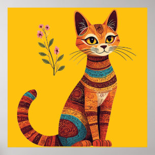 Poster Gato Tribal Boho Fofo Arte Folclórica com Flores
