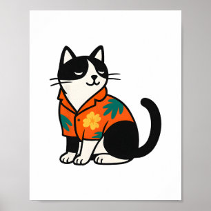 Poster Gato Tropical Divertido Design de Férias de Aloha