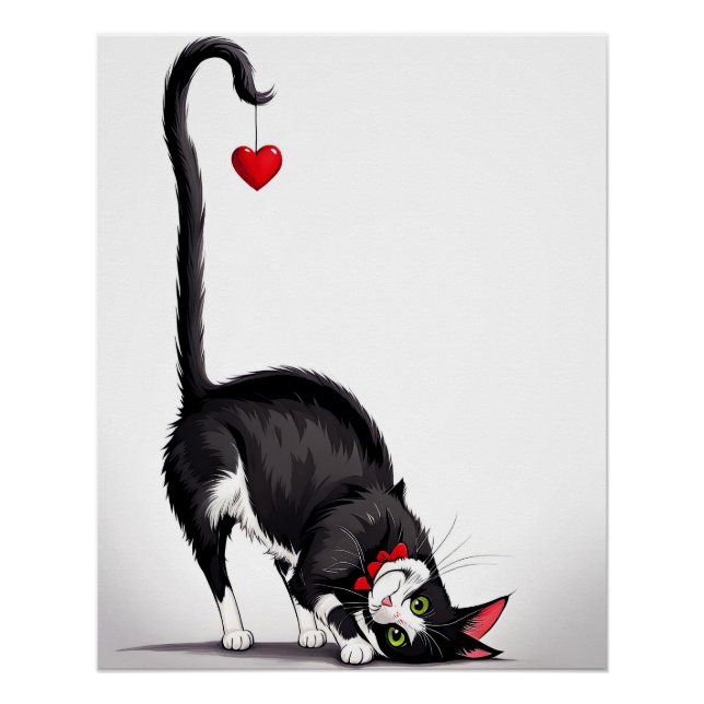 Pôster Gato Tuxedo Com Coração Pendendo (Frente)