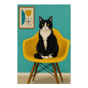 Pôster Gato Tuxedo em Cadeira Amarela de Meados do Século