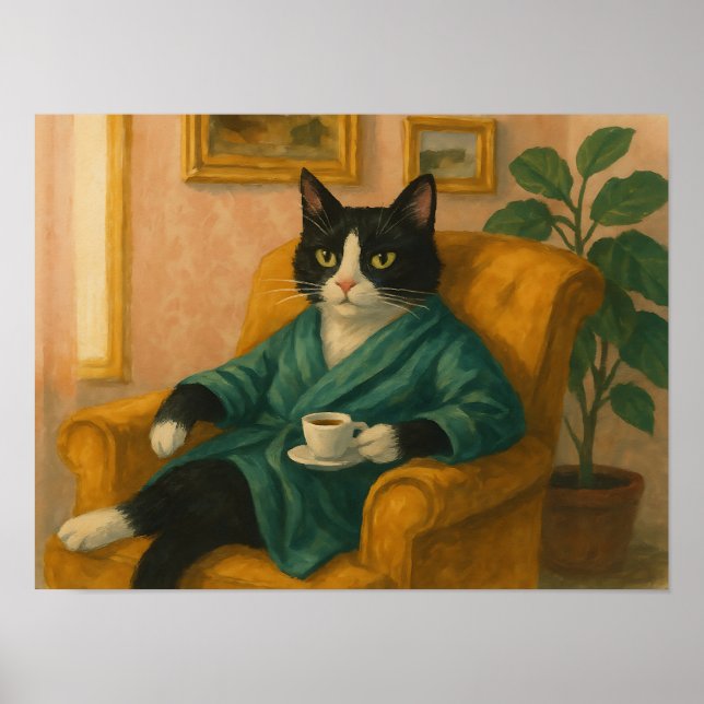 Poster Gato Tuxedo Engraçado de Robe Bebendo Café  (Frente)