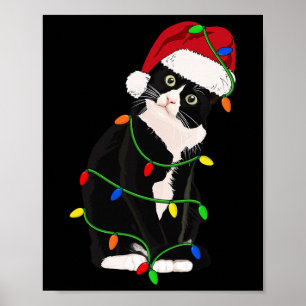 Poster Gato Tuxedo Miau Papai Noel Tuxie Luzes da Árvore