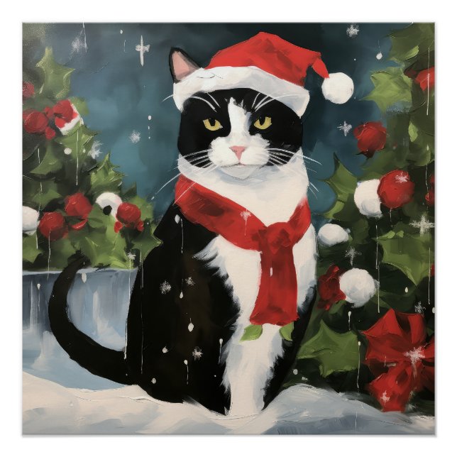 Pôster Gato Tuxedo na Neve Natal (Frente)