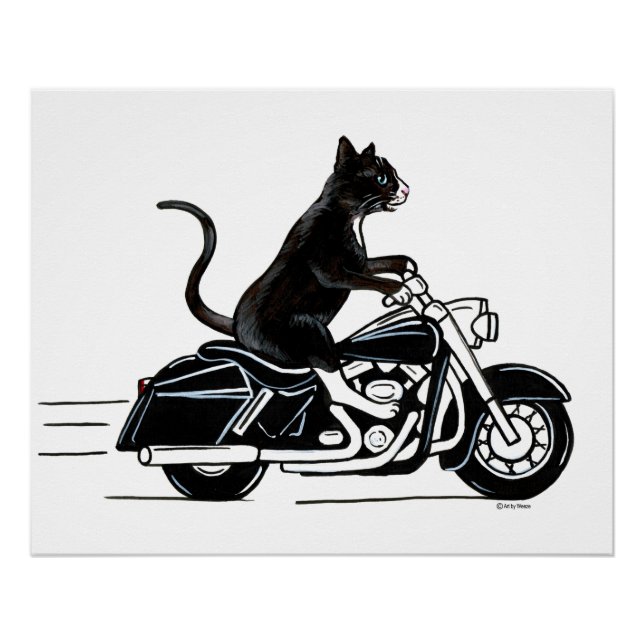 Pôster Gato Tuxedo Negro Andando De Moto (Frente)