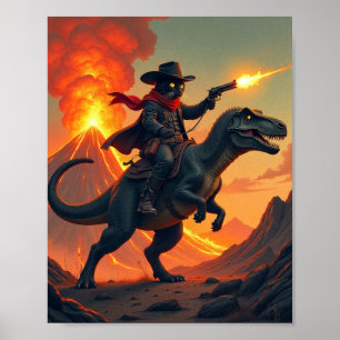 Poster Gato Único Caubói Montando Dinossauro   Gato Caubó