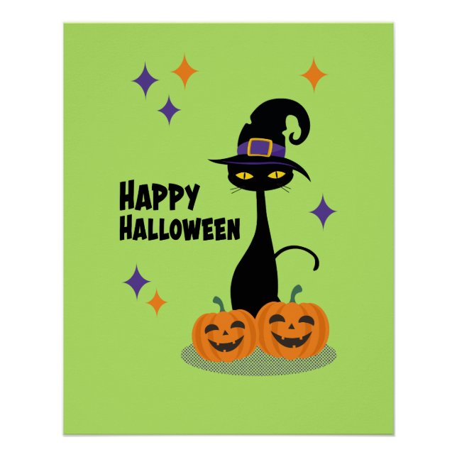 Pôster Gato Verde de Halloween Atômico de Meados do Sécul (Frente)