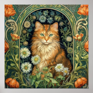 Poster Gato vermelho na arte do jardim nouveau
