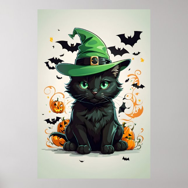 Poster Gato Veste Chapéus de Halloween (Frente)