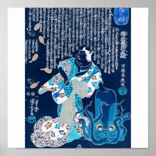 Poster Gato vestido como uma mulher e um polvo C. 1800's