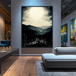 Poster Gato Vintage ao Luar, Paisagem Noturna Tranquila