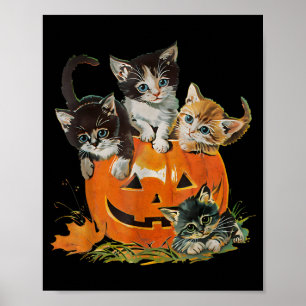 Poster Gato Vintage dos Anos 90 Abóbora Halloween Floral 
