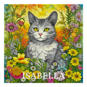 Pôster Gato Whimsical Personalizado e Flores