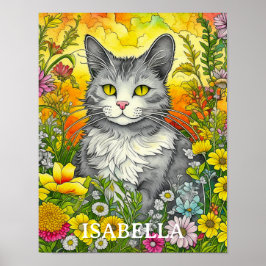 Poster Gato Whimsical Personalizado e Flores