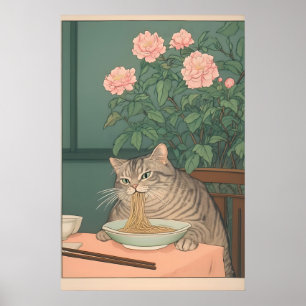 Poster Gato Xadrez Comendo Macarrão Estampa de Arte Ukiyo