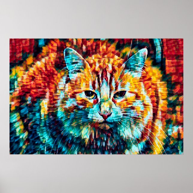 Poster Gato Xadrez Hippie Colorido Laranja Azul Boho (Frente)