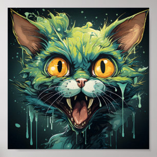 Poster Gato Zombie Verde do Cartoon das Halloween