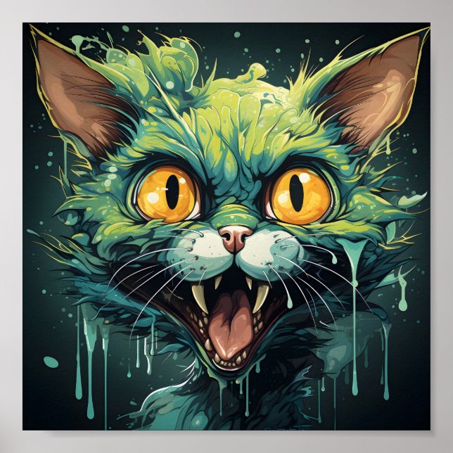 Poster Gato Zombie Verde do Cartoon das Halloween (Frente)