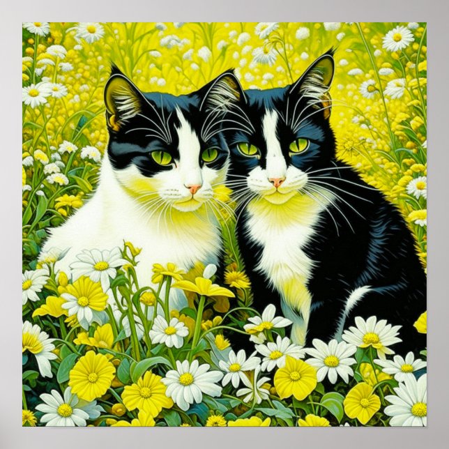 Poster Gatos Adoráveis sentados em um campo de Daisies (Frente)