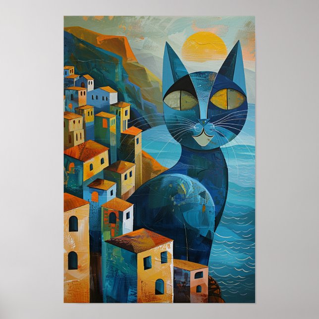 Poster Gatos Azuis Cubistas: Arte Mediterrânica de Capa (Frente)