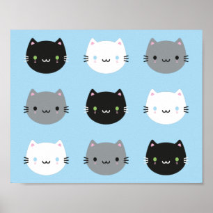 Poster Gatos bonitos & gatinhos de Kawaii (azuis)