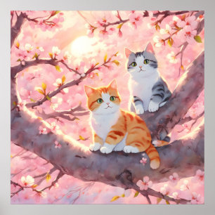 Poster Gatos Bonitos Numa Árvore De Flor De Cereja