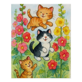 Pôster Gatos Campestres Brincando no Jardim de Flores
