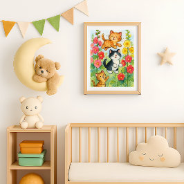 Poster Gatos Campestres Felizes no Jardim Florido