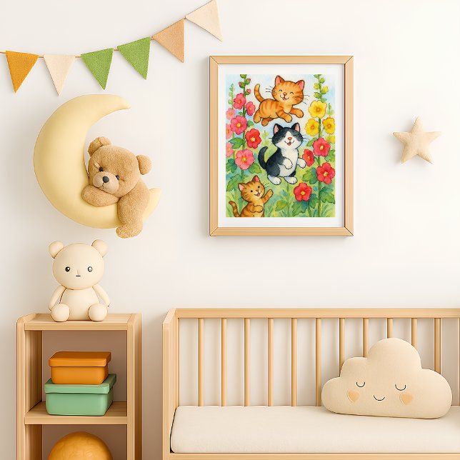 Poster Gatos Campestres Saltitantes no Jardim Florido (Frolicking Country Cats in Garden poster print in situ)