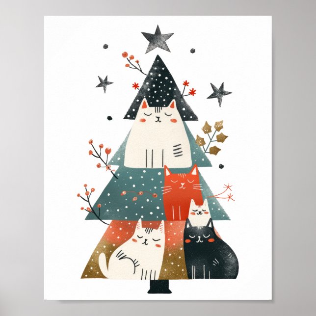 Poster Gatos Caprichosos de Aquarela na Árvore de Natal (Frente)