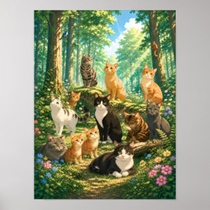 Poster Gatos Caprichosos numa Floresta Encantada